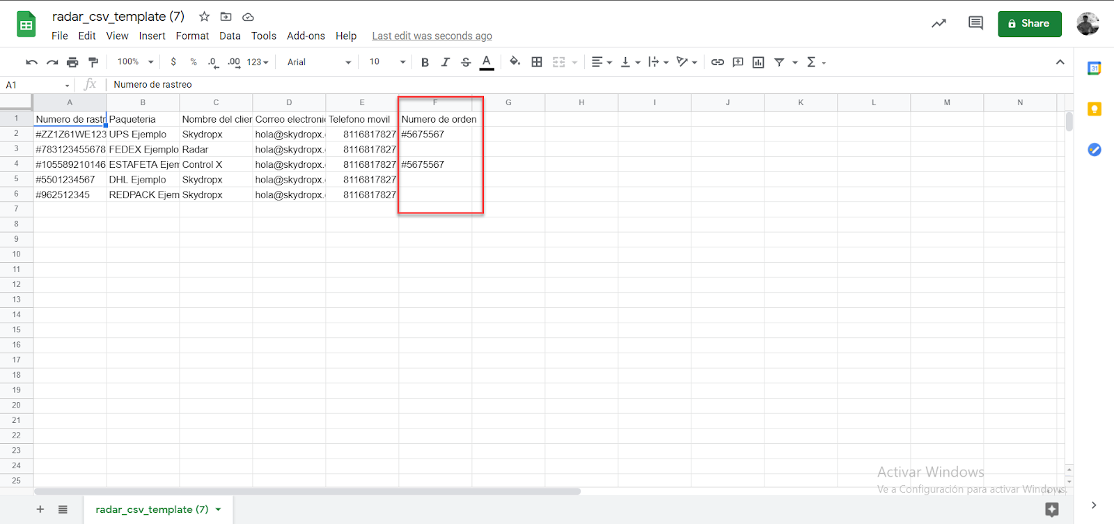 Número de orden en “ver detalle” de envío
