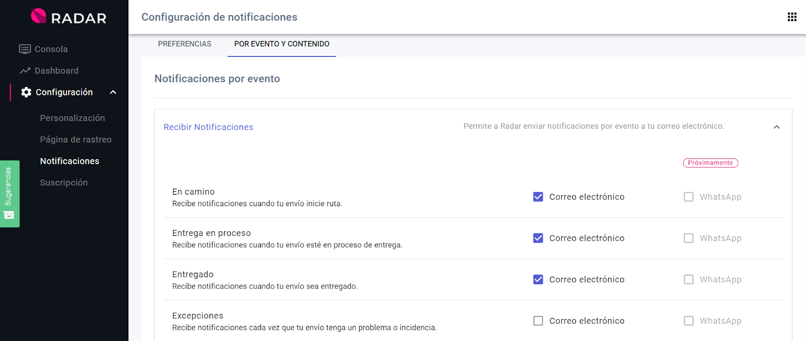 Lanzamientos: Notificaciones de excepción por envío 5