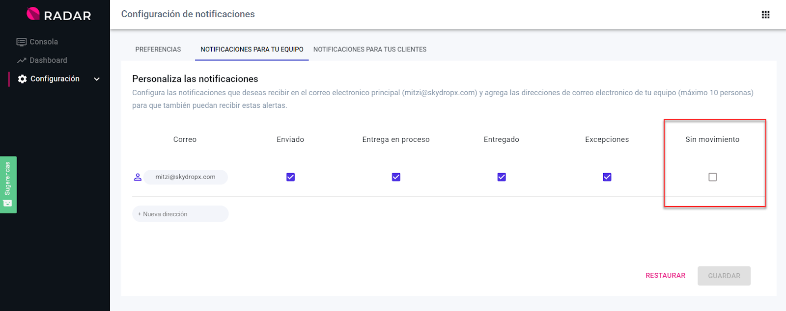 Notificación de: “días sin movimiento”