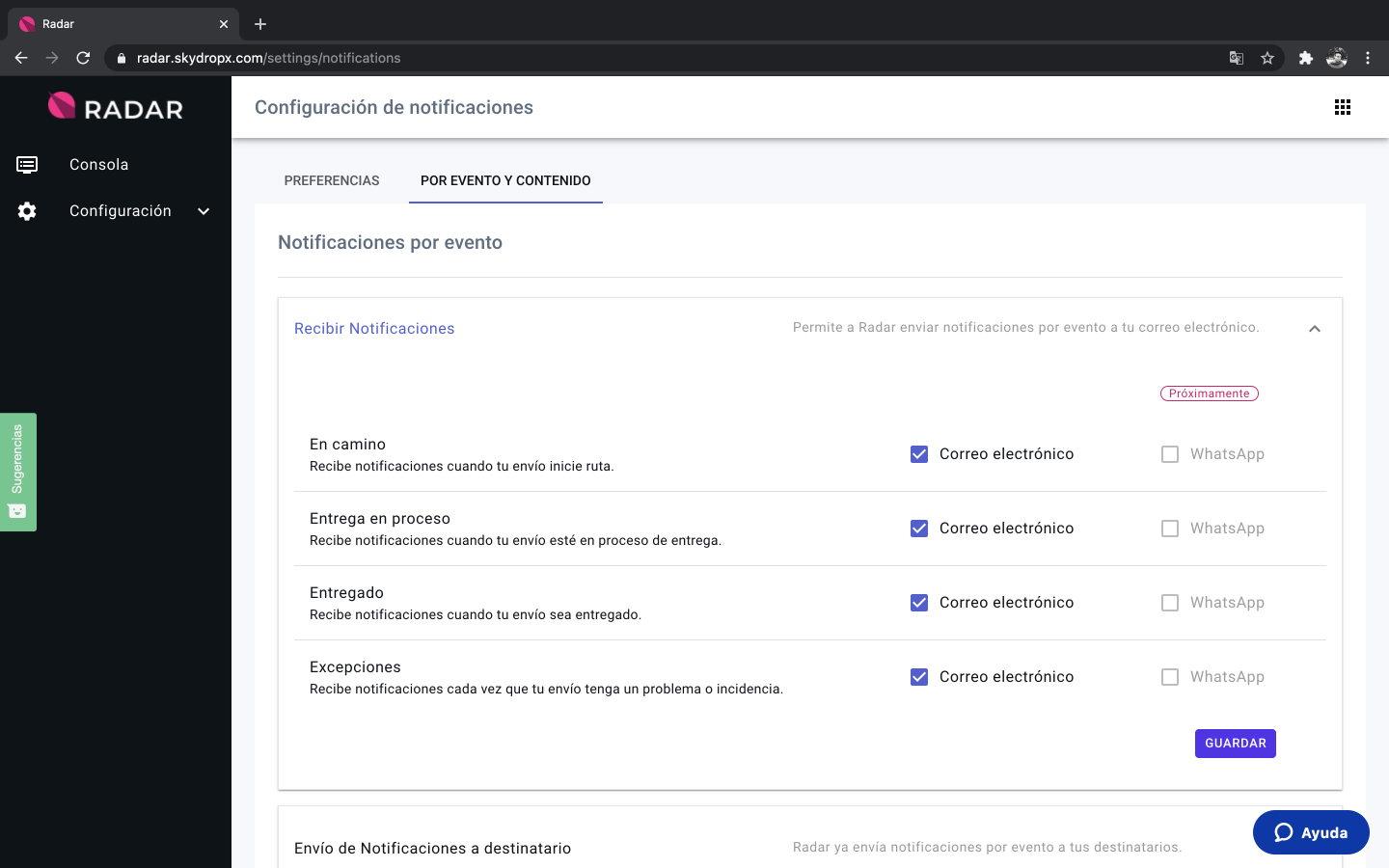 Lanzamientos: Notificaciones de excepción por envío 1