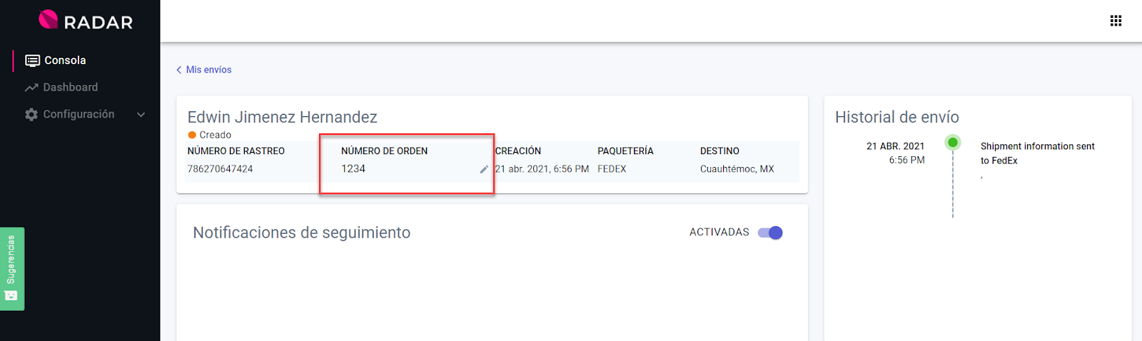 Número de orden en “ver detalle” de envío